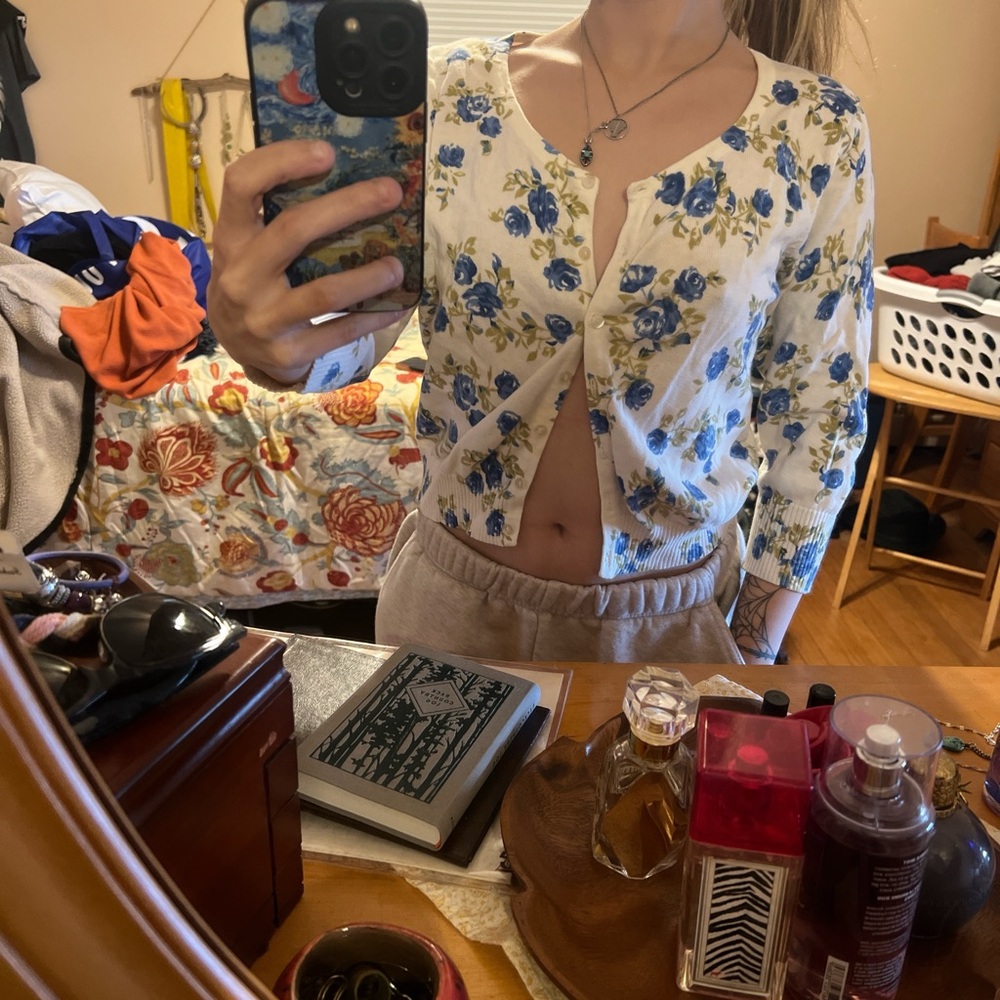 Floral Cardigan with Blue and Yellow Flowers